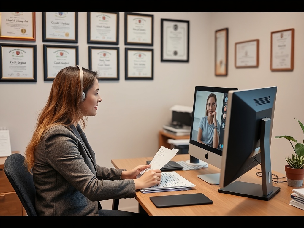 Женщина в офисе общается по видео с собеседником и просматривает документы на столе. На стене сертификаты.