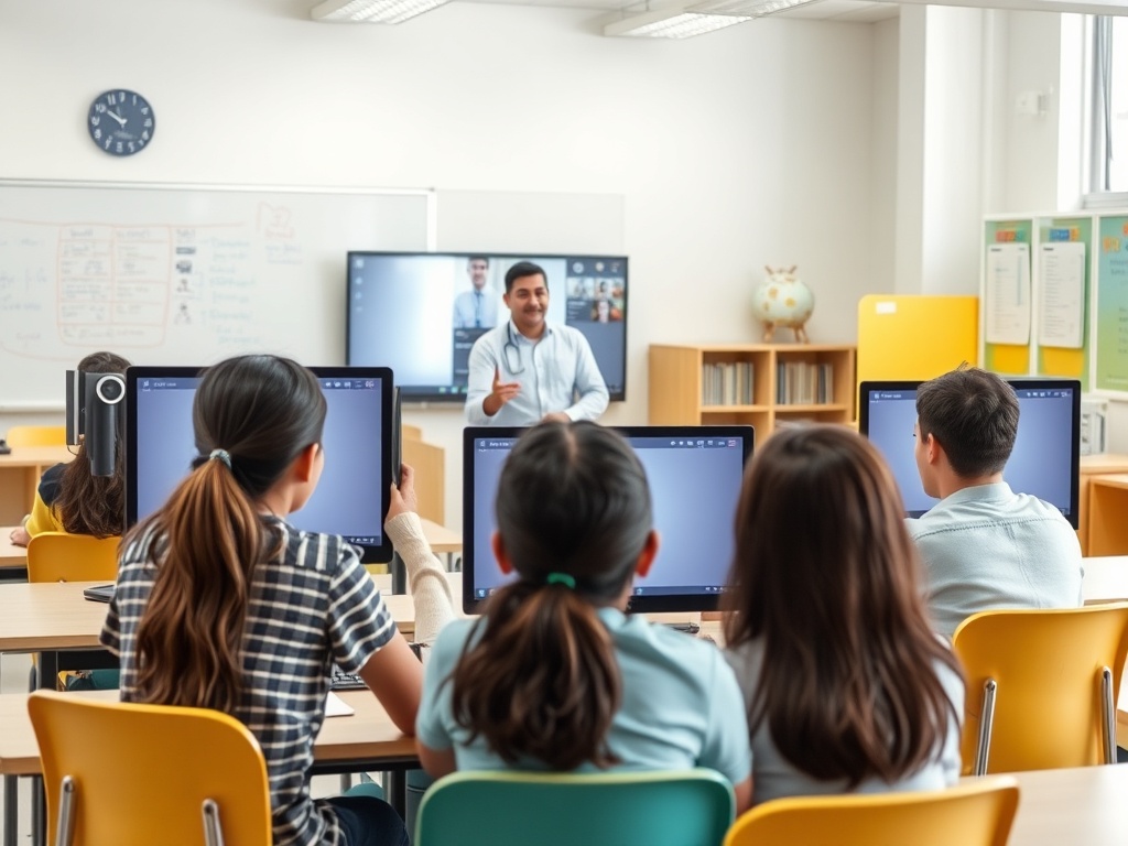 Учитель объясняет материал группе учеников, сидящих за компьютерами в классе. На экране — виртуальный урок.