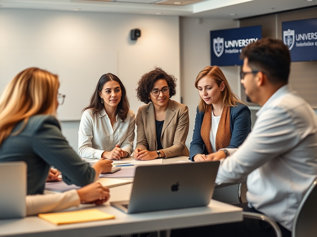 Группа людей обсуждает проект на совещании в офисе университета. На столе ноутбук и документы.