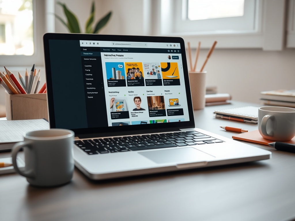 Ноутбук на столе с открытым веб-сайтом, рядом чашки, блокноты и канцелярские принадлежности.