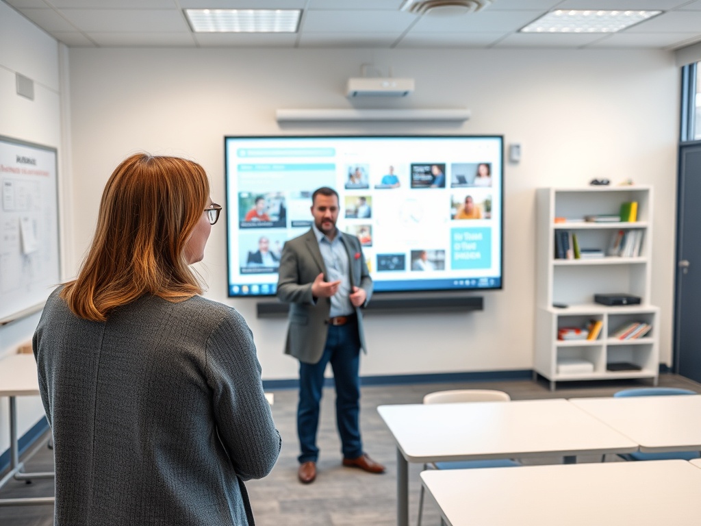 На изображении мужчина презентует информацию в классе, женщина слушает его, стоя спиной. Экран с материалами.