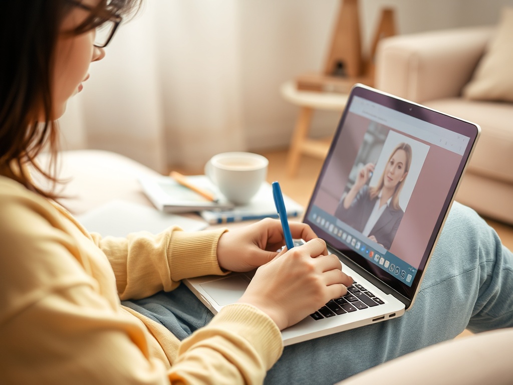 На изображении девушка, сидящая с ноутбуком, делает заметки. На экране ноутбука показывается фотография женщины.
