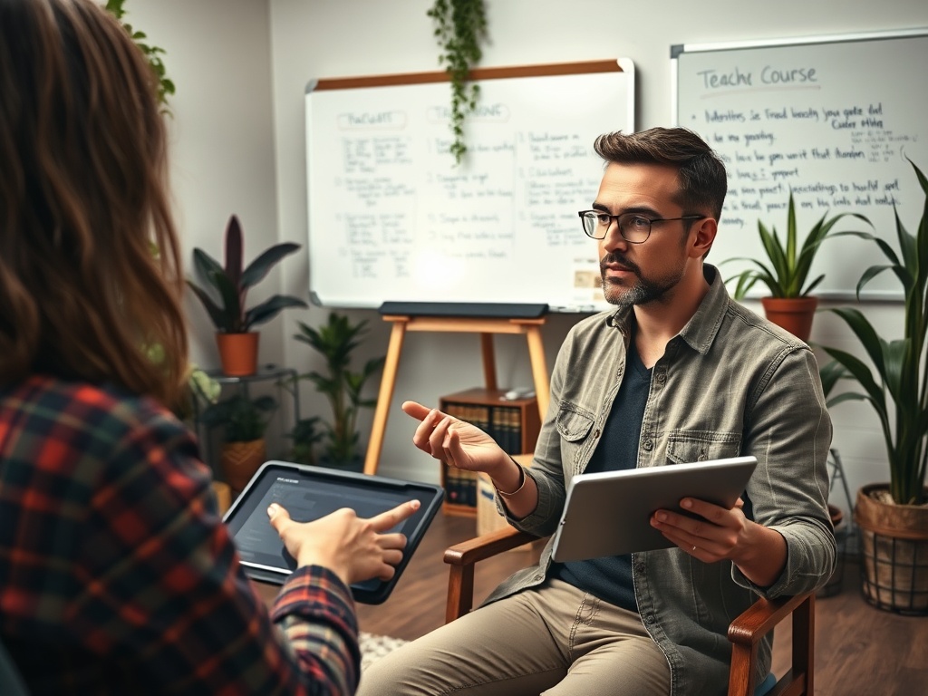 Два человека обсуждают что-то важное, сидя в уютном офисе среди зелёных растений и заметок на доске.